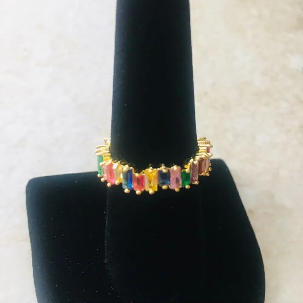 Rainbow Crystal Crooked Baguette Eternity Band Ring NWT